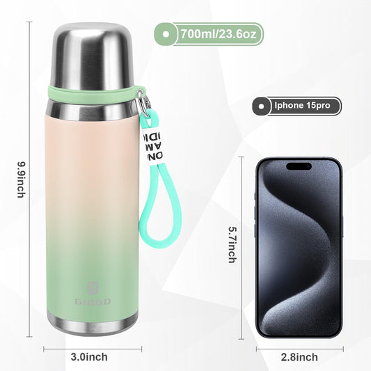 Stainless Steel thermo Bottles with cup 700ml/23.7oz Vacuum Insulated Bottle for hot and cold coffee drink water thermo flask with cup.(Gradient Green,700ml)