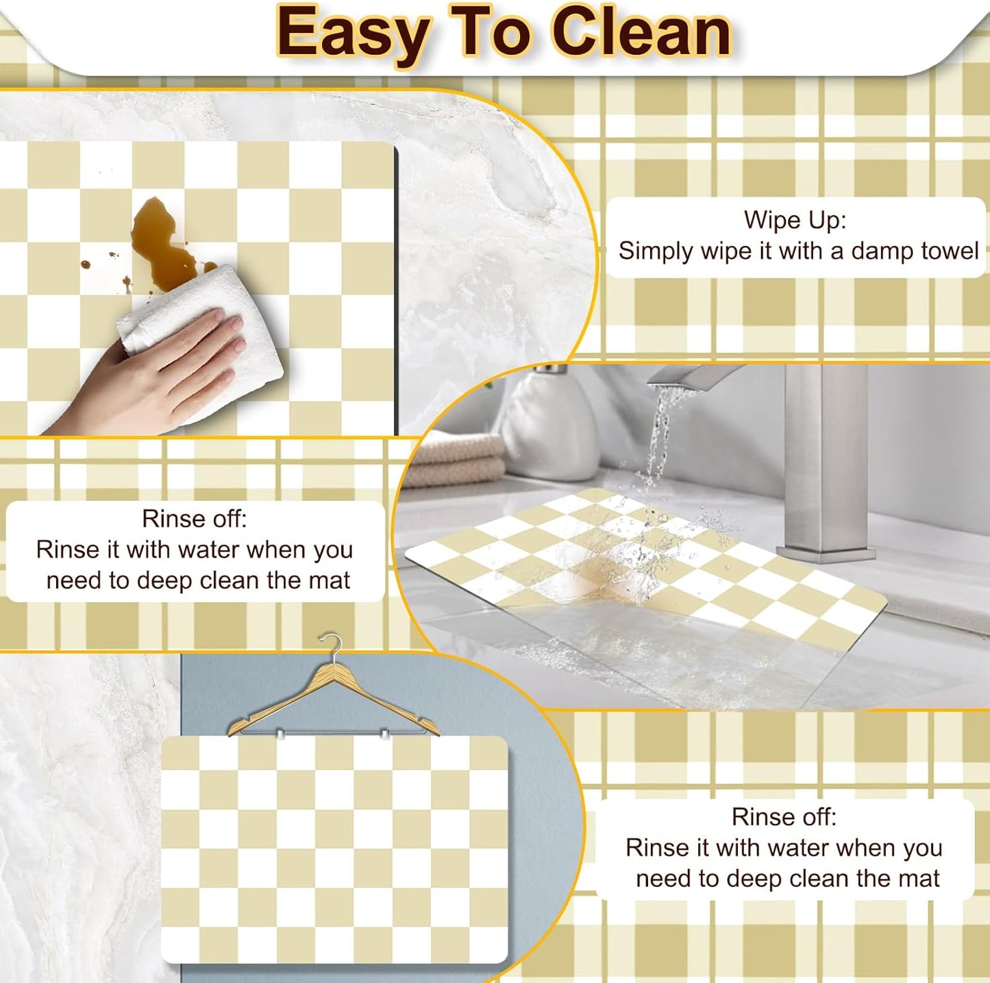 Dish Drying Mat for Kitchen Counter, 16.5’’ X 31.5’’ Absorbent Coffee Mat, Checkered Coffee Bar Mats for Espresso Machine Station, Hides Stains, Rubber Backed Dish Drying Pad, Beige & White