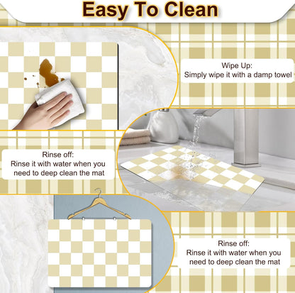 Dish Drying Mat for Kitchen Counter, 16.5’’ X 31.5’’ Absorbent Coffee Mat, Checkered Coffee Bar Mats for Espresso Machine Station, Hides Stains, Rubber Backed Dish Drying Pad, Beige & White