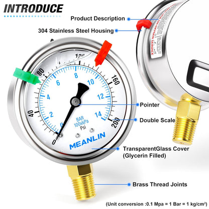 MEANLIN MEASURE 0~200Psi Liquid Filled Pressure Gauge 1/4" NPT 2.5" FACE DIAL Stainless Steel Glycerin Filled WOG Water Oil Air Lower Mount (with 2PCS Snaps)