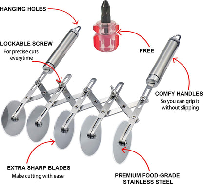 5 Wheel Pastry Cutter Stainless Pizza Slicer Multi-Round Dough Cutter Roller Cookie Pastry Knife Divider with Handle