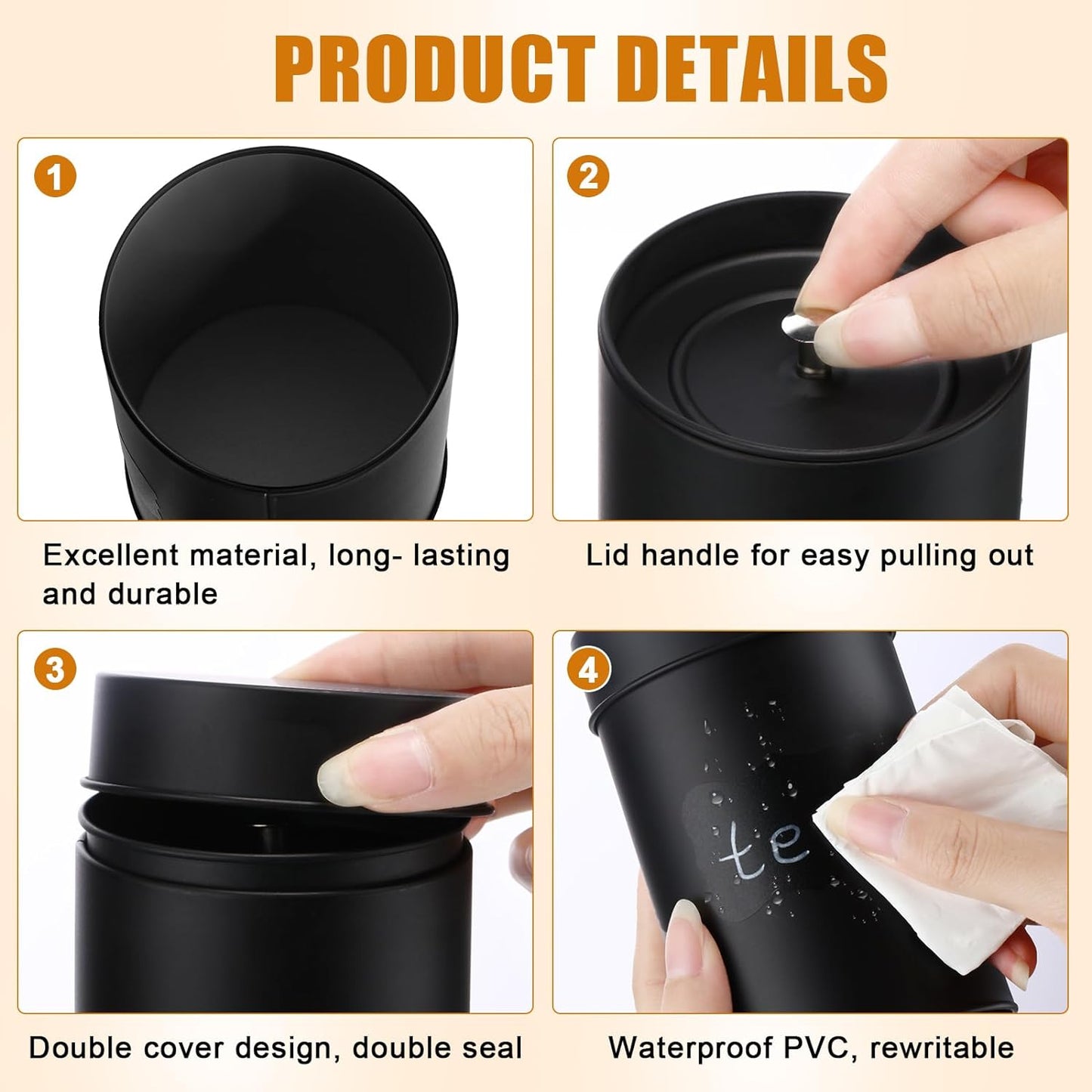 Tanlade 6 Pcs Tea Tin Canister Metal Round Can with Airtight Lid Double Sealed Tea Tin Canisters, with 1 Erasable Chalk Marker and 16 Stickers for Loose Leaf Coffee Sugar, 16 oz