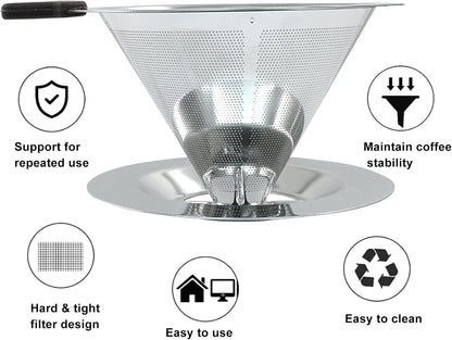 Waziaqoc Pour Over Coffee Dripper, Reusable Paperless Coffee Filter for 1-2 Cups, Stainless Steel Drip Cone Brew Coffee Strainer,Upgraded Double Micro Mesh Filter with Cup Stand