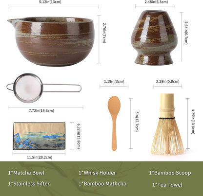 Japanese Matcha Whisk Set - 6-Piece Kit with Bamboo Chasen, Matcha Ceramic Bowl with Spout, Stainless Steel Sifter Brown