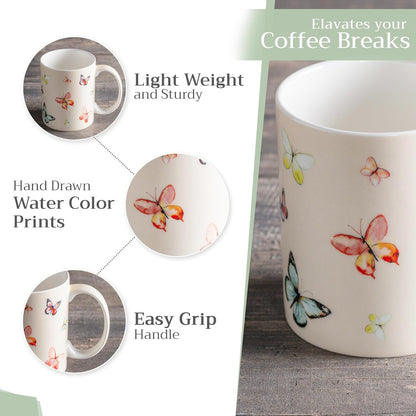 Maison d' Hermine Coffee Mug with Handles Fine Bone China Mugs Pack of One Tea Cups for Hot Beverages Cappuccino Latte Home Restaurant Office Perfect for Gift (Botanical Fresh - Butterflies, 12 Ounce)