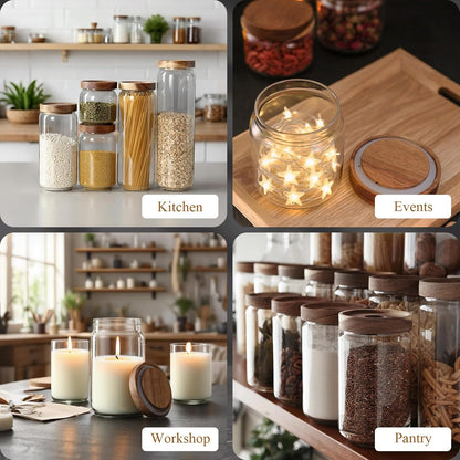 Glass Jars with Airtight Wood Lids - 34 oz Large Kitchen and Pantry Storage Containers, Canisters for Spaghetti, Noodles, Pasta, Ground Coffee, Sugar, Cereal, Set of 2