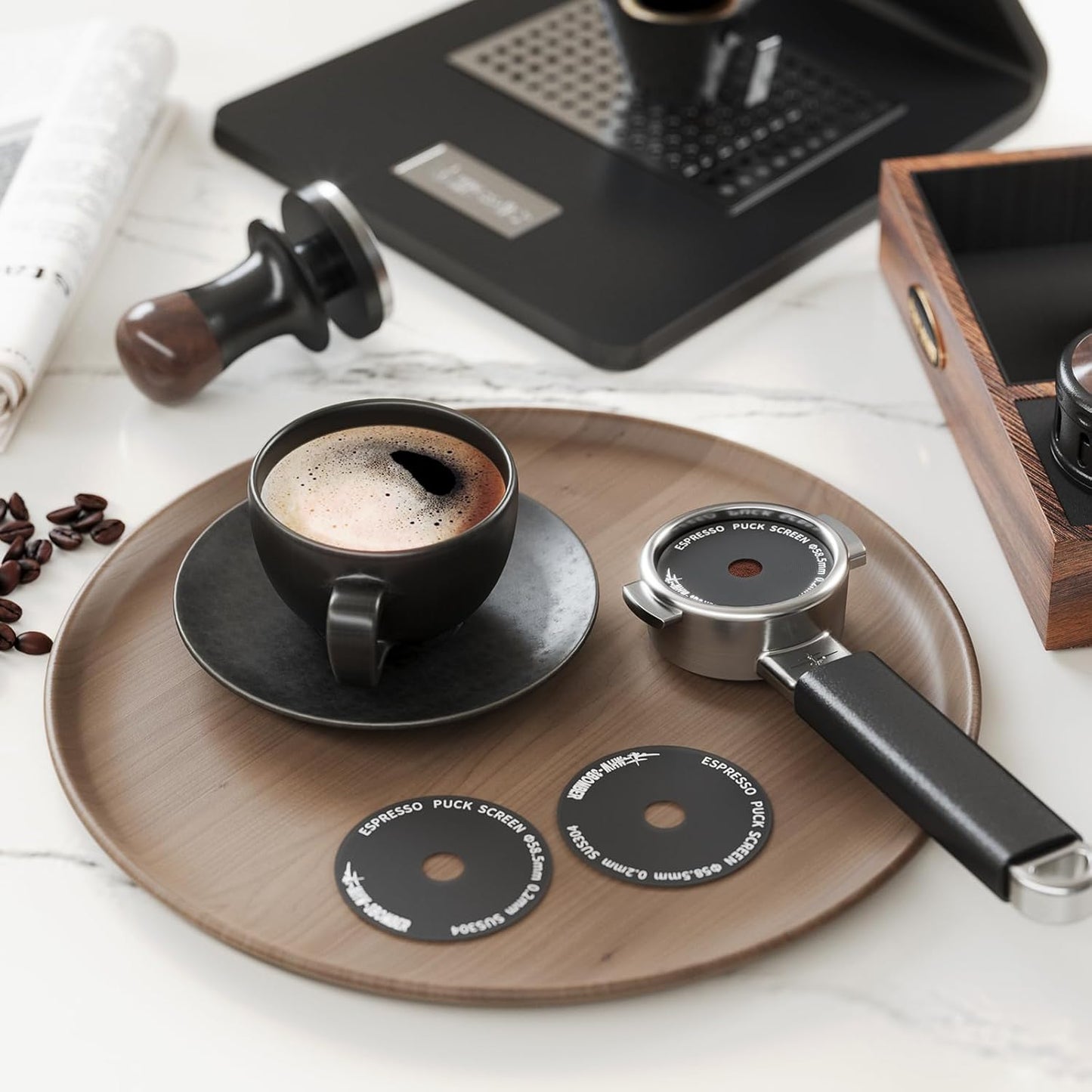 MHW-3BOMBER 58mm Espresso Puck Screen - 0.2mm Ultra Thin Espresso Puck with Round Hole - 58.5mm Hole Metal Reusable Coffee Filter for La Marzocco/Gaggia Titanium Coating FG5643-OS