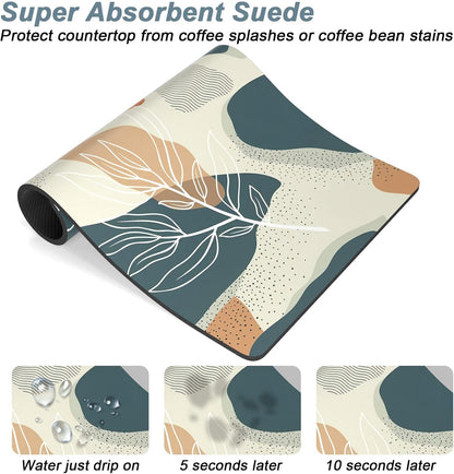Rnivvi Coffee Mat, 12" x 19" Cute Boho Theme Coffee Bar Mats for Espresso Machine Station Accessories and Organizer, Hide Stain Rubber Backed Absorbent Dish Drying Pad for Kitchen Counter, Leaves