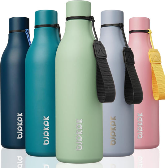 BJPKPK Insulated Water Bottles, 25 oz Stainless Steel Metal Water Bottle with Strap, BPA Free Leak Proof Thermos, Mugs, Flasks, Reusable Water Bottle for Sports & Travel, Macaron Green