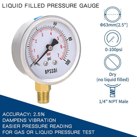 0-100 Psi Low Pressure Gauge, 2.5" Dial Size, 1/4" NPT Lower Mount, 304 Stainless Steel Case, Water Pressure Gauge Test for Water Pump, Pneumatic Air, RV Hose(with Tape)