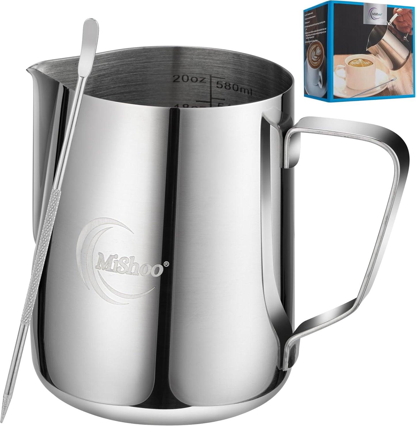 MiShoo® Milk Frothing Pitcher, 20oz Steaming Pitcher 304 Stainless Steel Espresso Machine Accessories for Coffee Bar, Cappuccino Barista Tools Milk Jug Steamer Frother Cup with Latte Art Pen