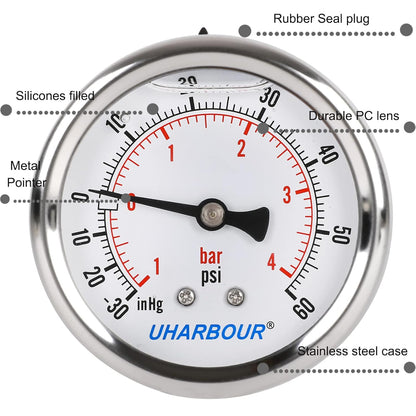 Glycerin Filled Vacuum Pressure Gauge, 2-1/2" Clear dial,1/4" NPT Back Connection, Stainless Steel Case, Brass Movement, Dual Scales -30HG/60PSI……