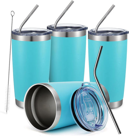 COMOOO 20oz/4Pack Double Wall Vacuum Insulated Travel Mug, Stainless Steel Tumbler with Lid, Durable Powder Coated Insulated Coffee Cup for Cold & Hot Drinks (Light Blue, 4 Pack)