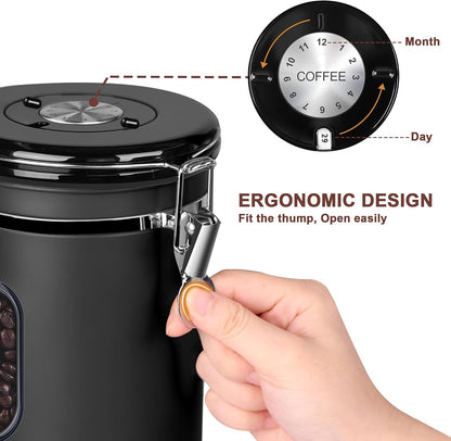 1500ML Airtight Coffee Canister with Date Tracker&Transparent Window, 18OZ Coffe Beans Storage with 30ML Measure Spoon&4 co2 Valve, Coffee Container for Grounds Coffee, Beans, Tea, Sugar, Flour(Black)
