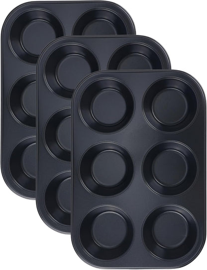 Muffin-Pan for Baking, Nonstick Cake Pan 12 Cups, 3 Pack Cup Premium Cheesecake Pans, Cupcake Baking Pan for Oven 10.4 * 7.1 * 1.2in Black