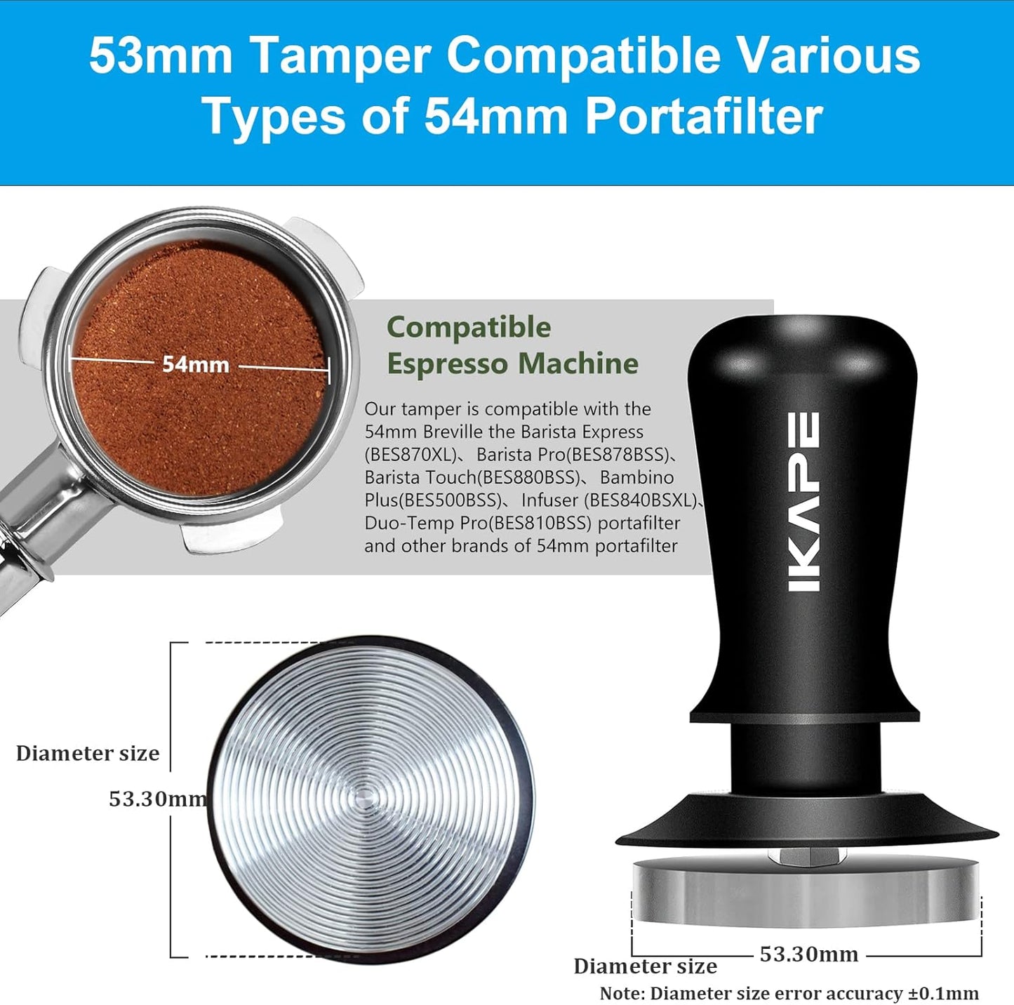 IKAPE 53.3mm Espresso Tamper, Premium Barista Coffee Tamper with Calibrated Spring Loaded, 100% Flat Stainless Steel Base Tamper Fits for Breville Series 54mm Portafilter Basket