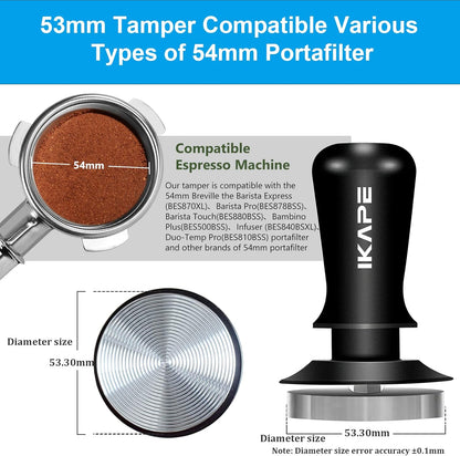 IKAPE 53.3mm Espresso Tamper, Premium Barista Coffee Tamper with Calibrated Spring Loaded, 100% Flat Stainless Steel Base Tamper Fits for Breville Series 54mm Portafilter Basket