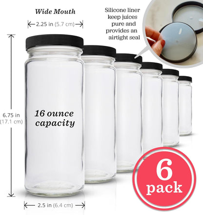 All About Juicing Clear Glass Water Bottles Set - 6 Pack Wide Mouth with Lids for Juice, Smoothies, Beverage Storage - 16 oz, Durable, Reusable, Dishwasher Safe, Leak Proof (Black Caps)