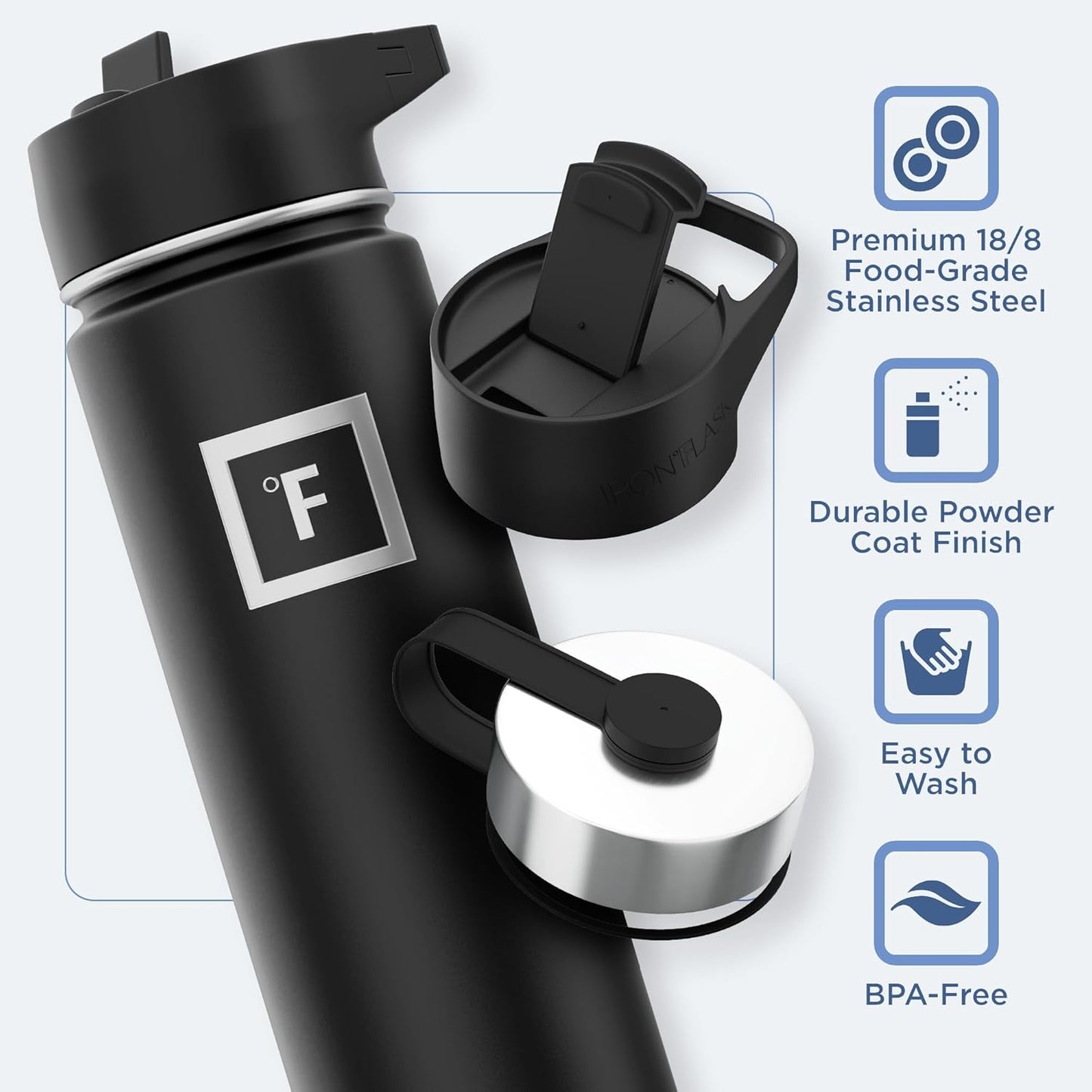 IRON °FLASK Camping & Hiking Hydration Flask with 3 Lids - Stainless Steel, Double Walled & Vacuum Insulated Water Bottle - Leak Proof & BPA Free (Blue Waves, Straw - 22 oz)