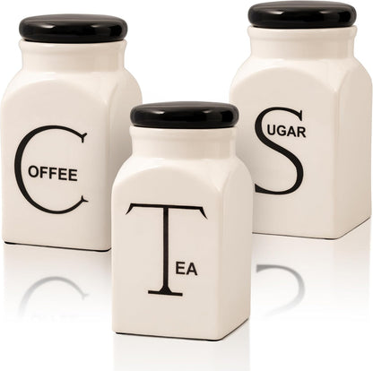 Ceramic Canister Set of 3 – Small Kitchen Canisters for Sugar, Coffee & Tea – Airtight Food Containers with Lids – Coffee Canister, Sugar Container, Tea Set