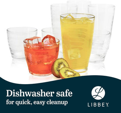 Libbey Orbita Tumbler and Rock Glass Set, Durable, Chip-Resistant Glass Cups Set with Wave Pattern, Glasses Drinking Set of 16 for Any Occasion