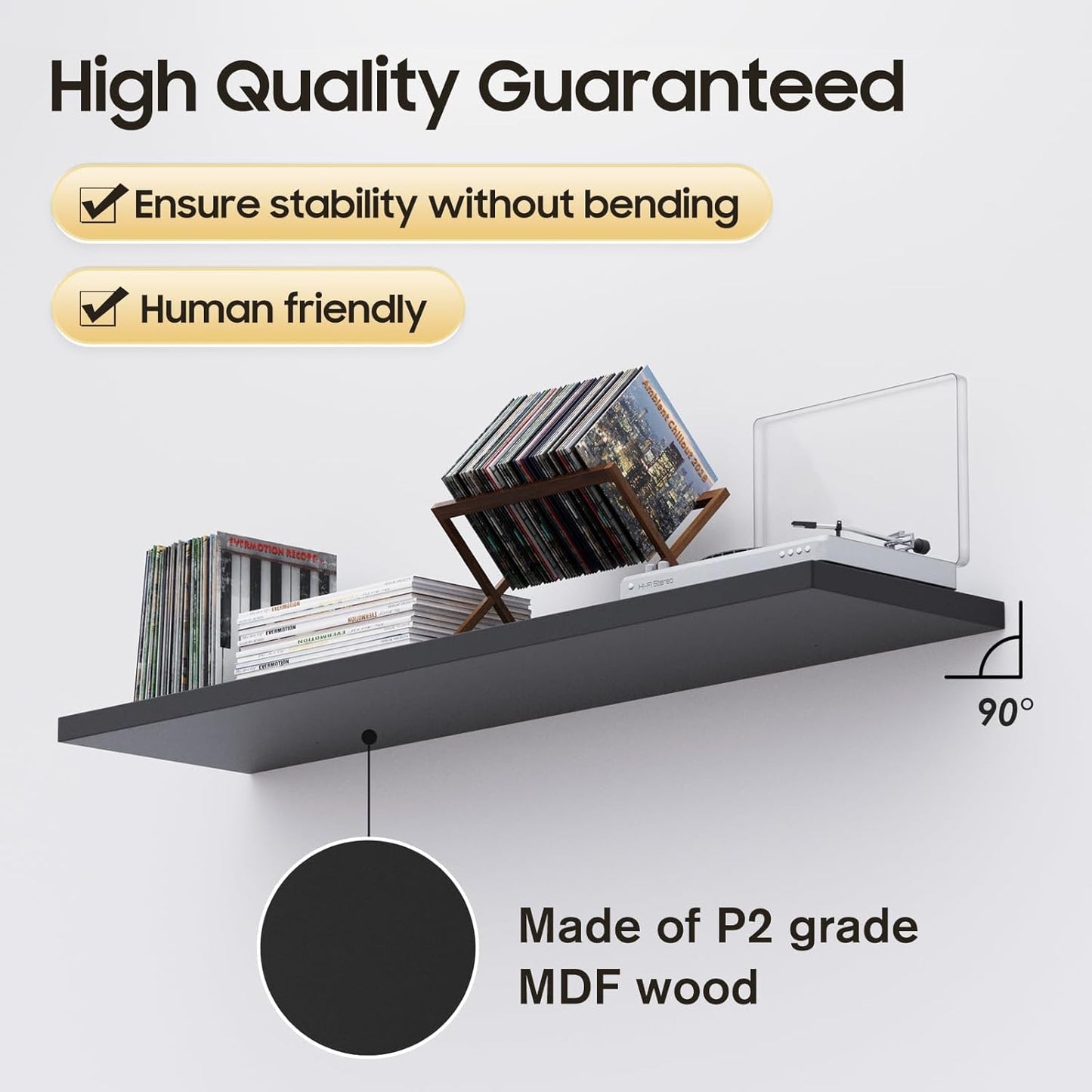 Floating Shelf, Set of 1 Wall Shelf, 36 in W x 12.75 in D x 2 in H Wooden Floating Wall Shelf with Invisible Brackets for Living Room/Bedroom/Bathroom/Kitchen Storage and Decor, Black