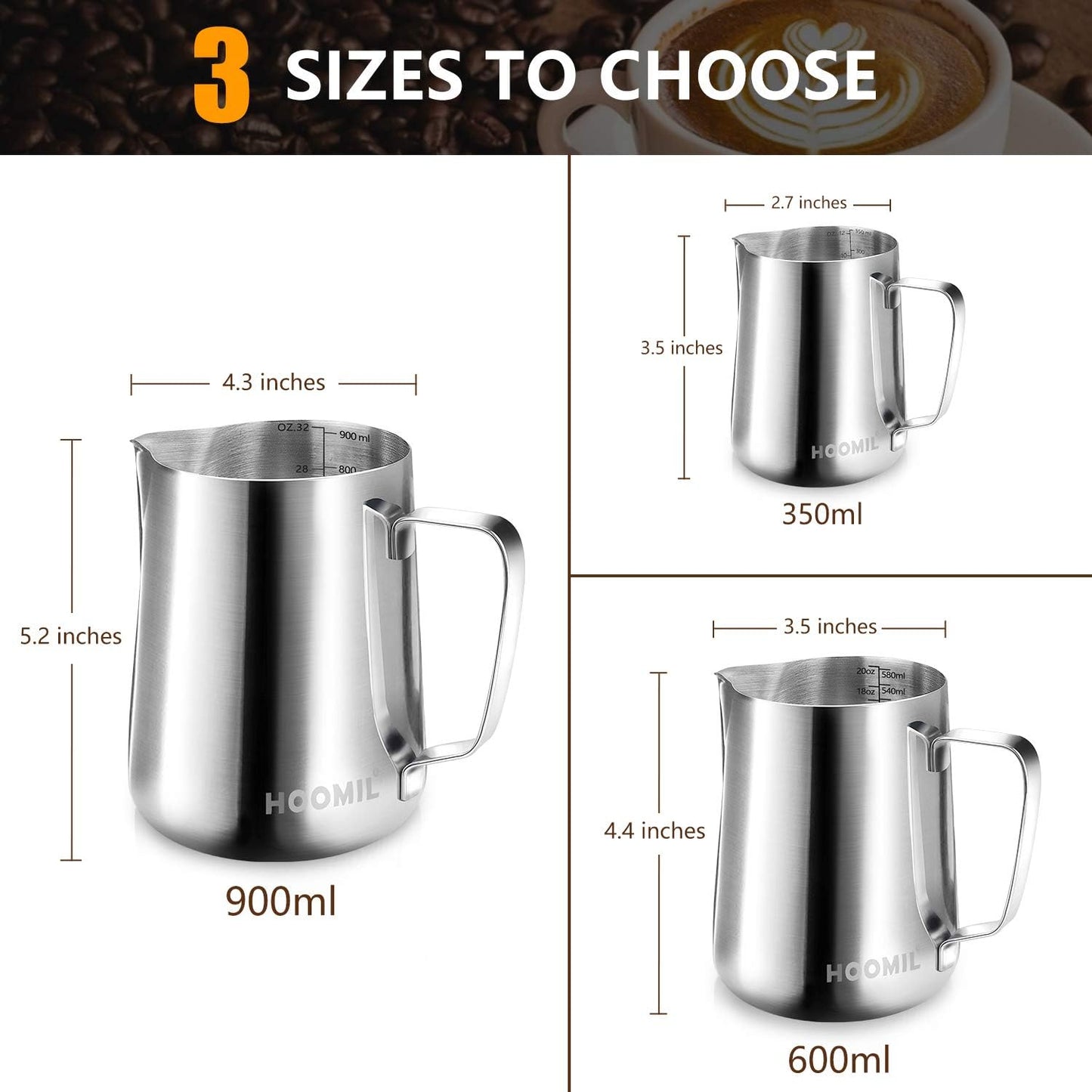 HOOMIL Milk Frothing Pitcher, 32oz/900ml Stainless Steel Steaming Pitcher Barista Milk Frother Cup Jug for Espresso Machine Coffee Cappuccino Latte Art - Silver