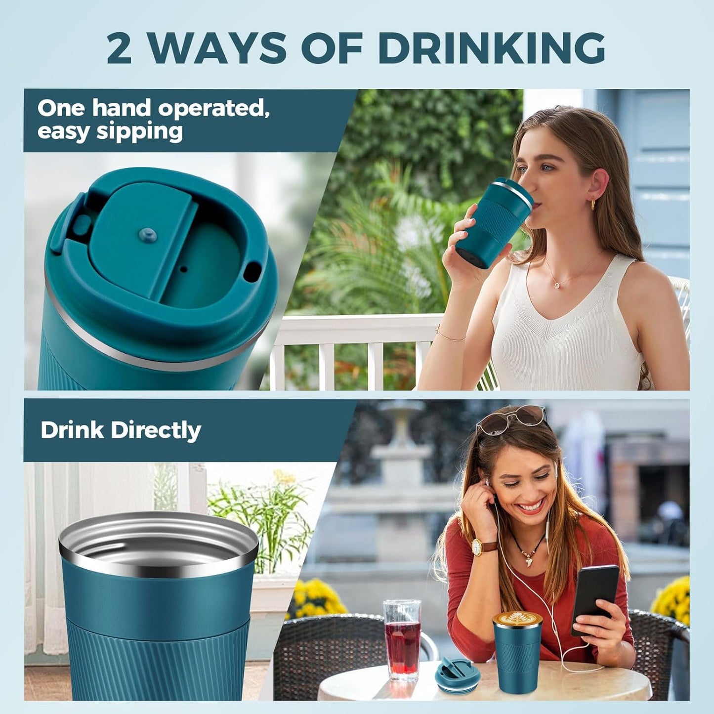 Volhoply 13 oz Stainless Steel Insulated Travel Coffee Mug with Fip Lid Bulk 8 Pack,Reusable Double Wall Vacuum Metal Coffee Cup,Portable Leak Proof Thermal Tumbler for Hot & Cold Drinks(Bule,8)