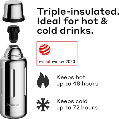 Bobber - 34 oz Vacuum Insulated Stainless Steel Water Bottle with Cup Lid - Dishwasher Safe - Keeps Drinks Hot for 48 Hours and Cold for 72 Hours - Triple Walled Thermo Flask (Glossy)
