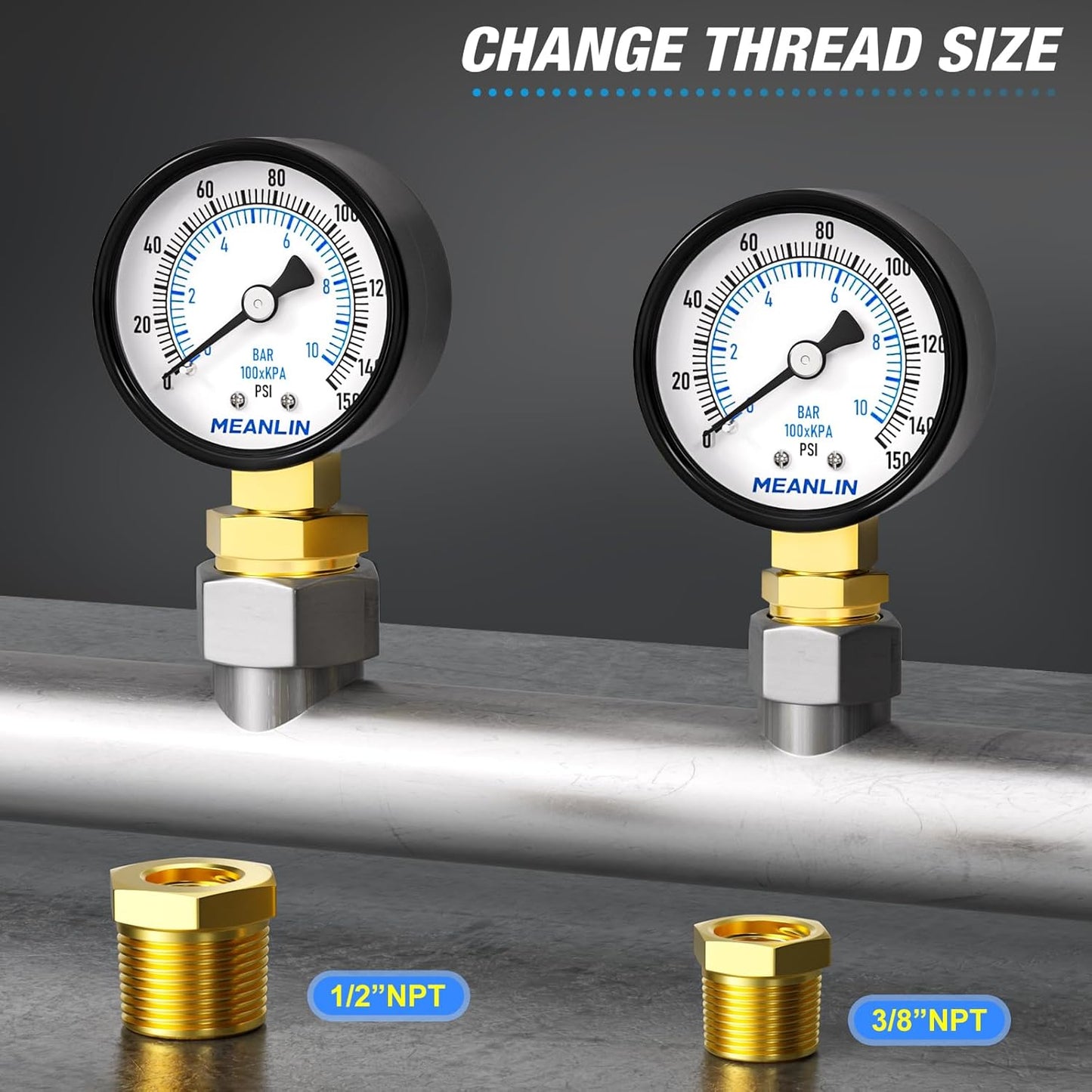 MEANLIN MEASURE 0-150Psi 2" DIAL FACE 1/4" NPT Well Pump Pressure Gauge, with 1/2" NPT and 3/8" NPT Hex Bushing, 3-2-3% Accuracy, Lower Mount