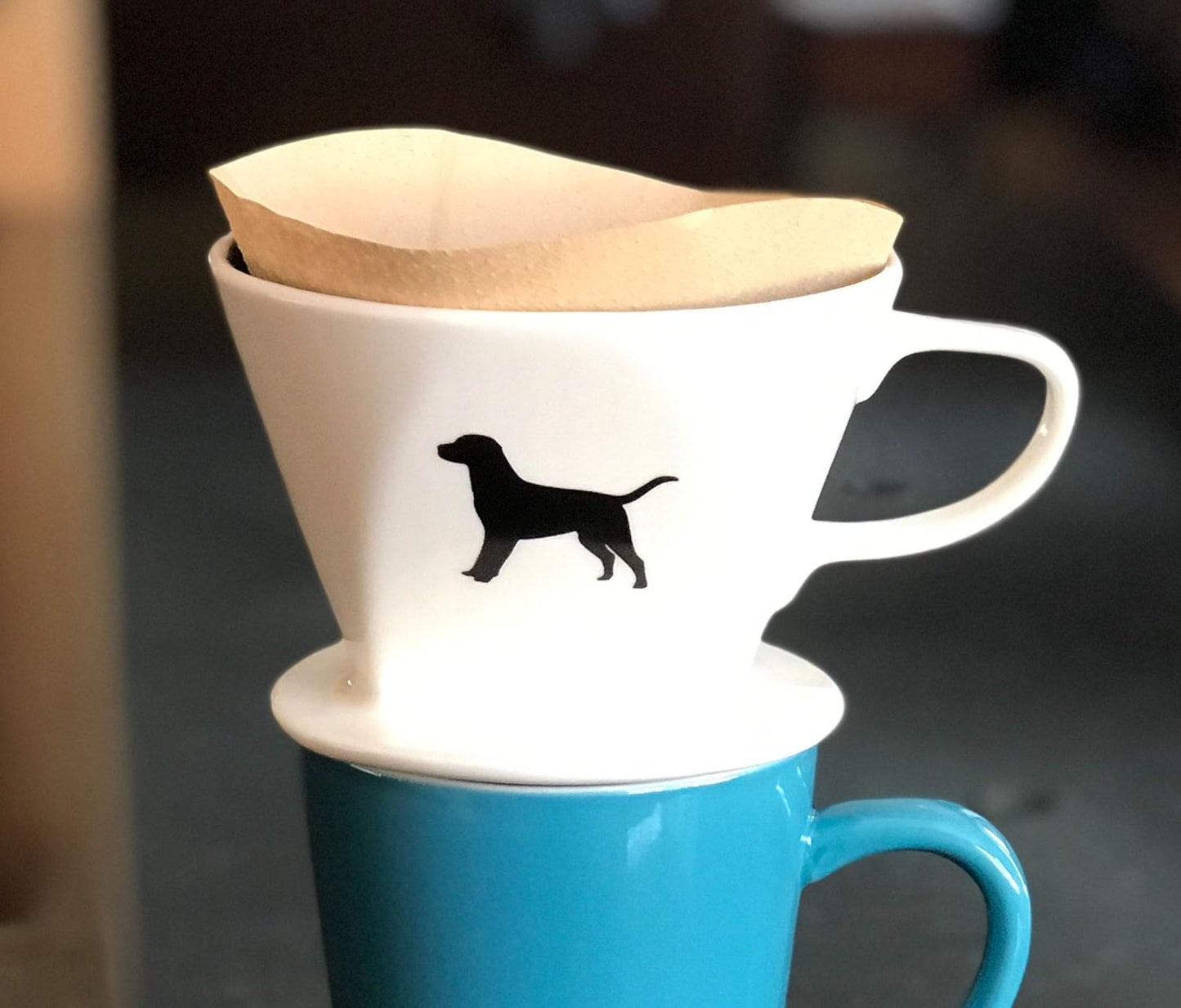 Simply Charmed Black or Golden Lab Coffee Pour Over Single Cup Ceramic Brewer with Melitta Filters 8 to 16 oz Depending on How Much Water/Grounds You Use