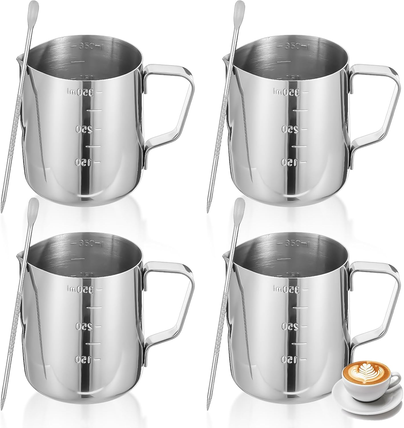4 Pcs Stainless Steel Espresso Milk Frothing Pitcher Set with Latte Art Pen, 12 oz Milk Frother Cup, Frothing Cup for Cappuccino, Latte, Home & Cafe Use