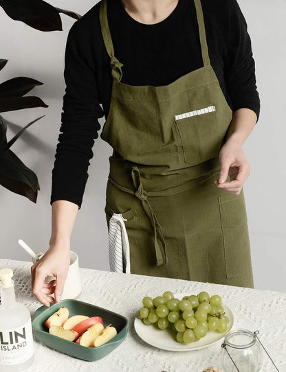 Adjustable Japan Nordic Style Soft Cotton Linen Apron with Four Pockets A Towel
