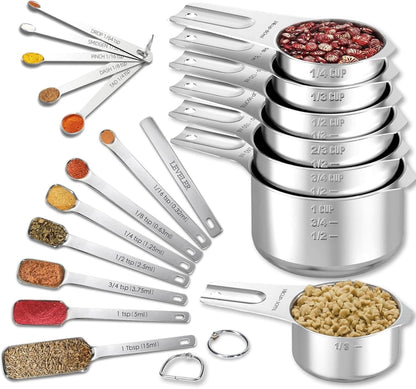 20PCS Measuring Cups and Spoons Set, Includes 7 Stackable Stainless Steel Cups, 7 Rectangular & 5 Mini Measuring Spoons with Leveler Fits Spice Jars, Kitchen Gadgets with Engraved Markings