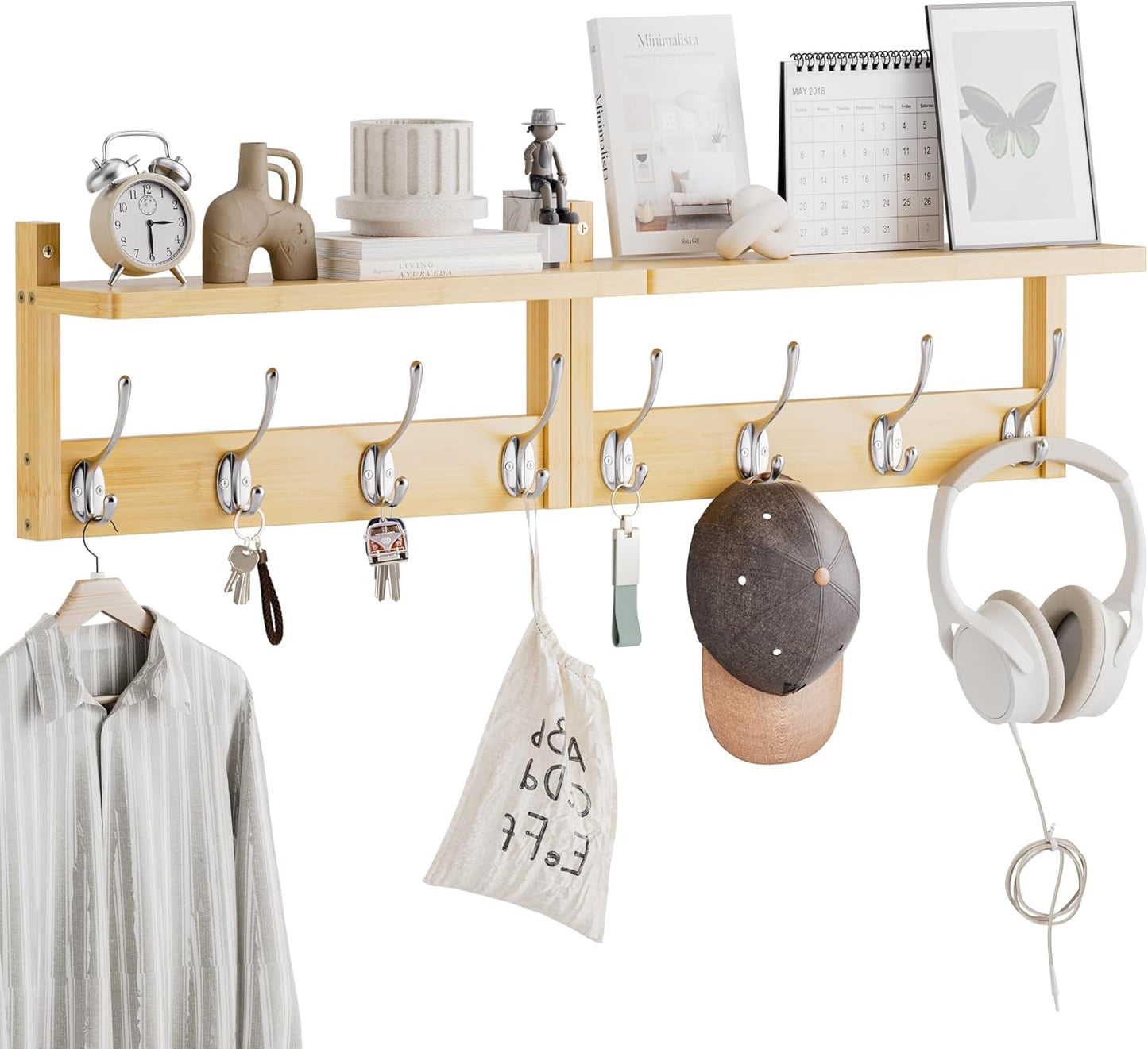 Coat Rack with Shelf, 2 Pack Bamboo Wall-Mounted Coat Hanger with 8 Hooks for Entryway, Hallway, Kitchen, Bathroom, Living Room, Utility Room (Natural)
