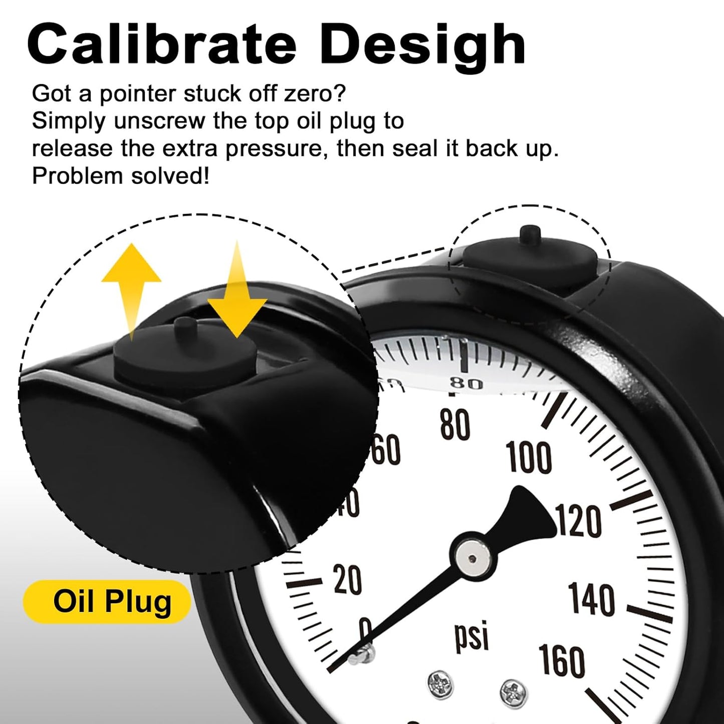 0-160 Psi Pressure Gauge,Stainless Steel Case,Glycerin Liquid Filled, 2.5" Dial Size, 1/4" NPT Lower Mount, IP67 Waterproof,for Water Pump, Air Compressor, Well Pump, RV Regulator
