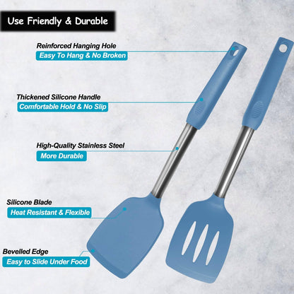 Silicone Spatula and Cooking Spoon,5 Pack Solid & Slotted Spoons and Spatulas High Heat resitant for Kitchen, Stainless Steel Handle Coated with Silicone, Non Stick Utensil, Starry blue