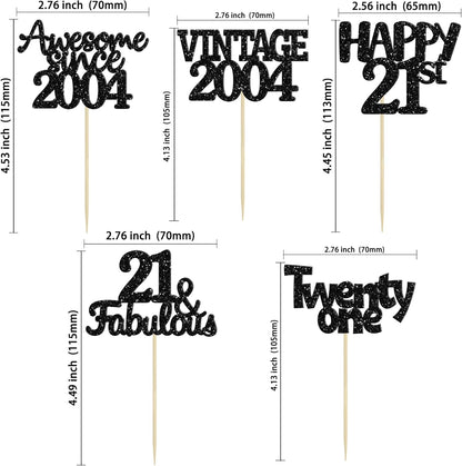 Gyufise 30pcs Vintage 2004 Cupcake Toppers Glitter Twenty-One Happy 21st Cupcake Picks Fabulous Anniversary Party Supplies Black