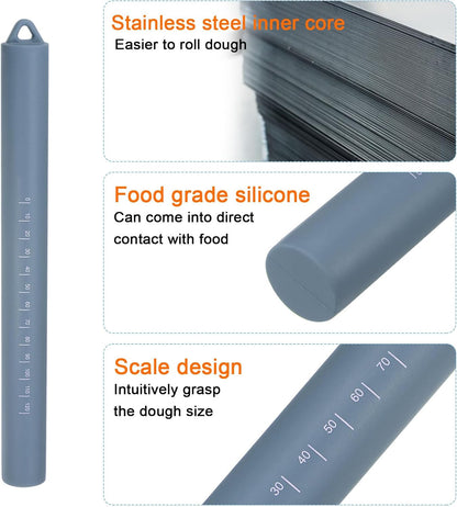 HARFINGTON Silicone Rolling Pin 10" Silicone Surface Non-Stick Stainless Steel Inner Core Dough Roller Kitchen Roller for Baking Pastry Pizza Fondant Bread, Blue