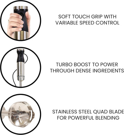 Kenmore Immersion Blender - Handheld Stick Mixer For Kitchen, Food Chopper, Whisk, Smoothie Milkshake Maker, Blend Baby Food, Protein Shake, Puree, Batidora De Inmersión Stainless Steel Blade, Black