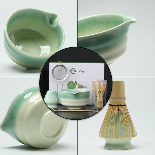 Japanese Matcha Set, Matcha Bowl with Spout, Matcha Whisk and Holder, Bamboo Matcha Scoop and Stainless Steel Sifter - 5 Pcs Gradient Green Matcha Kit for Matcha Lover