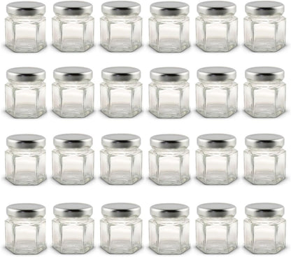 1.5 oz Hexagon Mini Glass Jars with Silver Lids (Pack of 24)