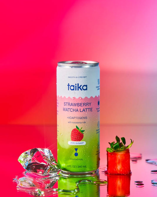 Taika Strawberry Matcha Latte - Ready to Drink Hot & Cold Brew Strawberry Matcha Latte in Cans - Organic Ceremonial Grade Matcha w/Ashwagandha, Lions Mane, & L-Theanine - 8 Fl Oz (Pack of 12) (8 Fl Oz (Pack of 12), Strawberry Matcha Latte)