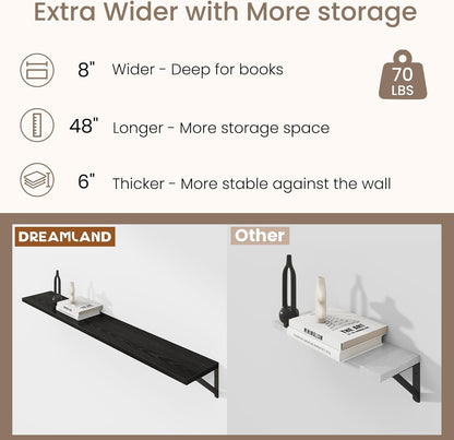 Dreamland Deep Floating Shelves for Wall, 48W x 8D Wall Mounted Shelves Set of 2, Wide Display Ledge Shelf with Sturdy Metal Brackets for Living Room, Bathroom, Bedroom and Kitchen, Black