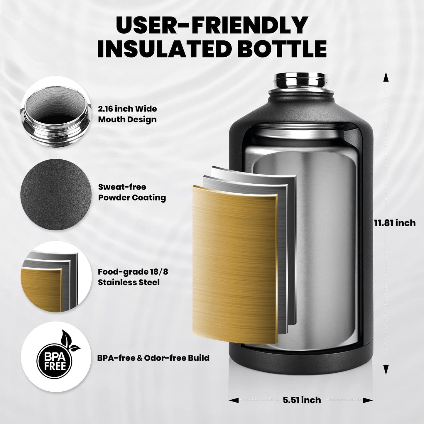 One Gallon Water Bottle Insulated, Triple Walled Vacuum Stainless Steel (Cold for 48 Hrs), Leak Proof & Non-BPA, Large Water Flask Jug with Paracord Handle & Straw Spout Lids