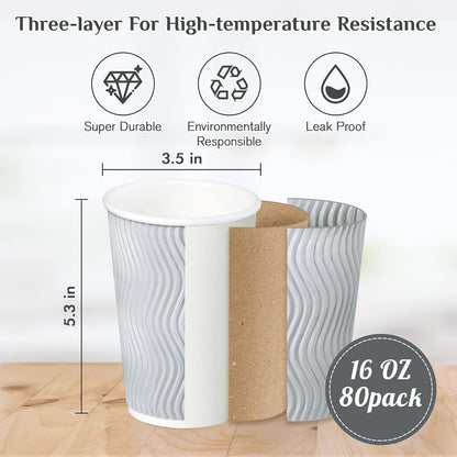 MUCHII 16 oz Disposable Coffee Cups, 80 Count Silver Grey Insulated Ripple To Go Cups With Lids and Straws for Tea, Hot Chocolate, and Drinks