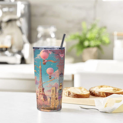 Paris Eiffel Tower Tumbler with Lid and Straw 20oz Coffee Tumblers Leakproof Stainless Steel Travel Mug Vacuum Insulated Cup for Iced and Hot