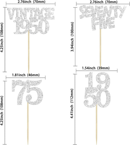 Gyufise 24Pcs 75th Birthday Cupcake Toppers Glitter Cheers to 75 Fabulous Seventy Five Vintage 1950 Cupcake Picks 75th Birthday Wedding Anniversary Party Cake Decorations Supplies Silver
