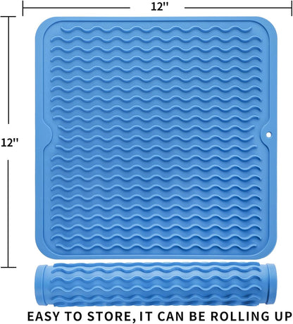 Silicone Dish Drying Mat for Multiple Usage,Easy clean,Eco-friendly,Heat-resistant Silicone Mat for Kitchen Counter or Sink,Refrigerator or Drawer liner Lichen BlueL M 12 inches x 12 inches