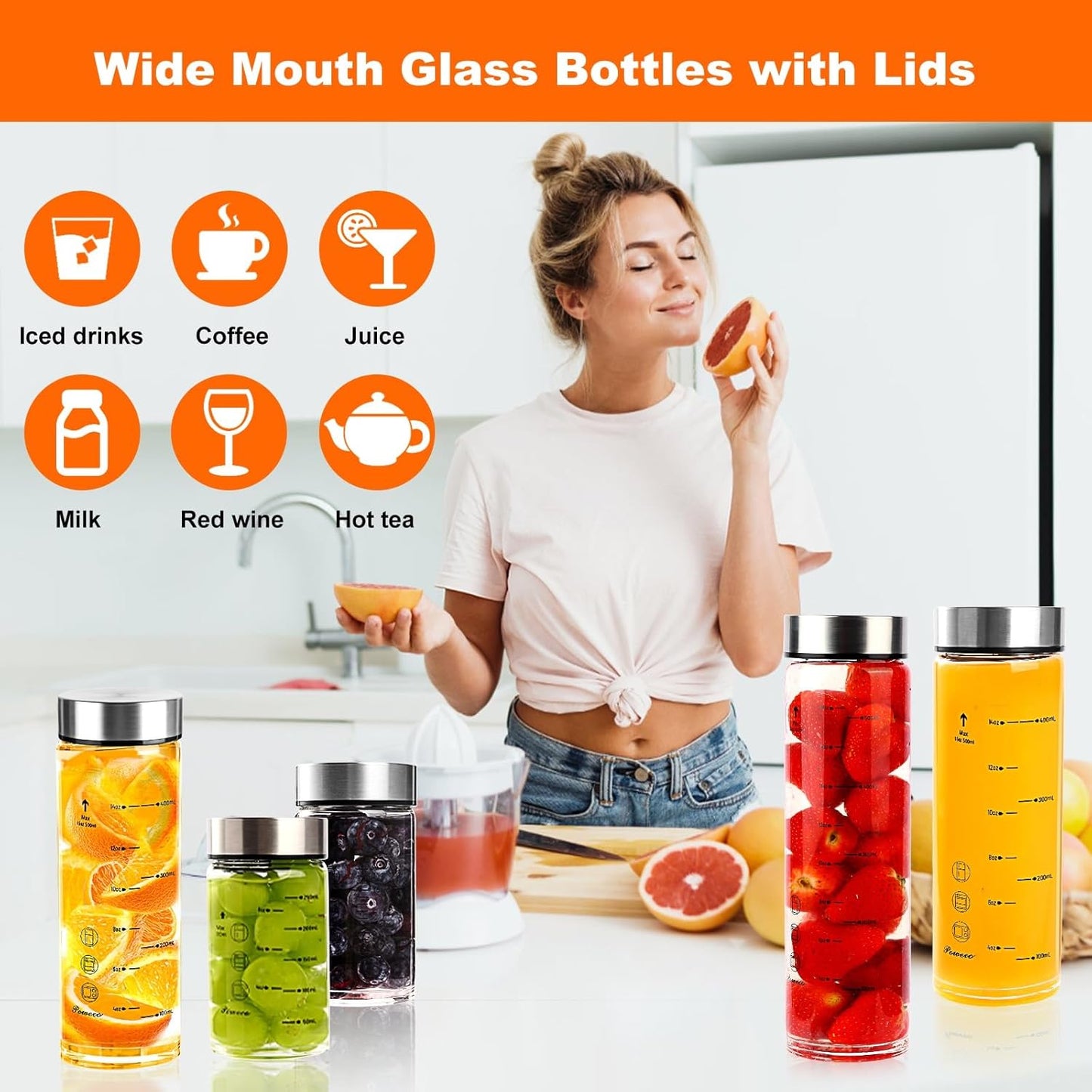 Glass Juice Bottles 6 Pack 20 oz - Wide Mouth Glass Water Bottles with Lids - for Juicing, Protein, Smoothie, Milk, Reusable, BPA Free, Stainless Steel Lids, Blender, Shaker Bottle [20oz/600ml]